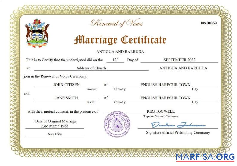 Downloadable Antigua and Barbuda marriage certificate Word and PDF template